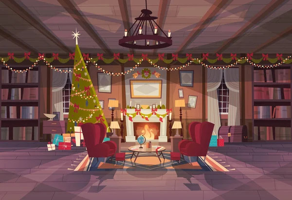 Sala de estar decorada para Navidad y Año Nuevo, Sillones vacíos cerca de pino y chimenea, Decoración interior del hogar Concepto de vacaciones de invierno — Vector de stock