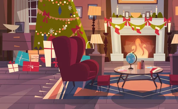 Poltrona vazio perto de pinho decorado árvore e lareira, casa decoração de interiores para o Natal e Ano Novo feriados conceito — Vetor de Stock