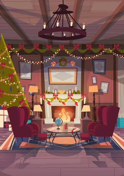 Obývací pokoj ozdoben na Vánoce a nový rok, prázdná křesla poblíž borovice a krb, výzdoba interiéru domu zimní svátky koncept — Stockový vektor