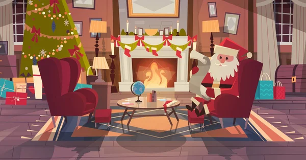 Weihnachtsmann im Wohnzimmer dekoriert für Weihnachten und Neujahr sitzen im Sessel in der Nähe von Kiefer und Kamin, Home Interior Dekoration Winterurlaub Konzept — Stockvektor