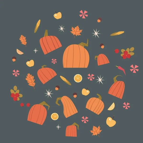 Pumpkins Set Harvest Autumn Concept Vegetables And Fruits Collection — Stock Vector