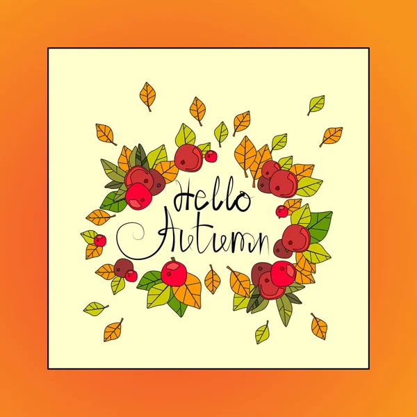 Hola Banner de temporada de otoño con carta de felicitación de otoño de dibujo a mano — Vector de stock