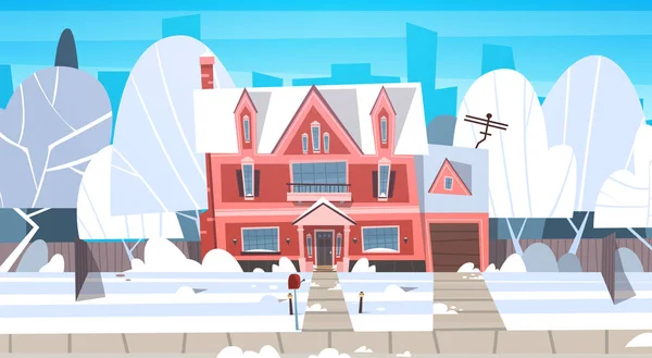 Village Winter Landscape House Building con nieve en la parte superior de la ciudad o la calle suburbana de la ciudad — Vector de stock