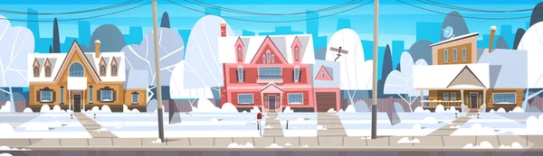 Village Winter Landscape House Building con nieve en la parte superior de la ciudad o la calle suburbana de la ciudad — Archivo Imágenes Vectoriales