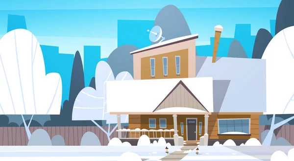 Village Winter Landscape House Building con nieve en la parte superior de la ciudad o la calle suburbana de la ciudad — Vector de stock