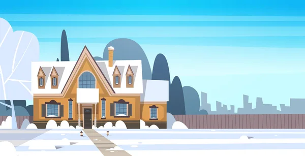 Деревня Зимний ландшафтный дом здание со снегом на верхней части города или пригороде улице — стоковый вектор
