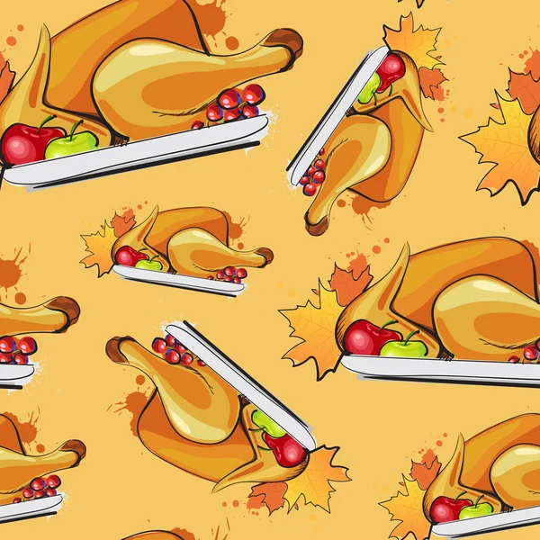 Feliz Día de Acción de Gracias Patrón sin costura Otoño tradicional tarjeta de felicitación de vacaciones con pavo asado — Vector de stock