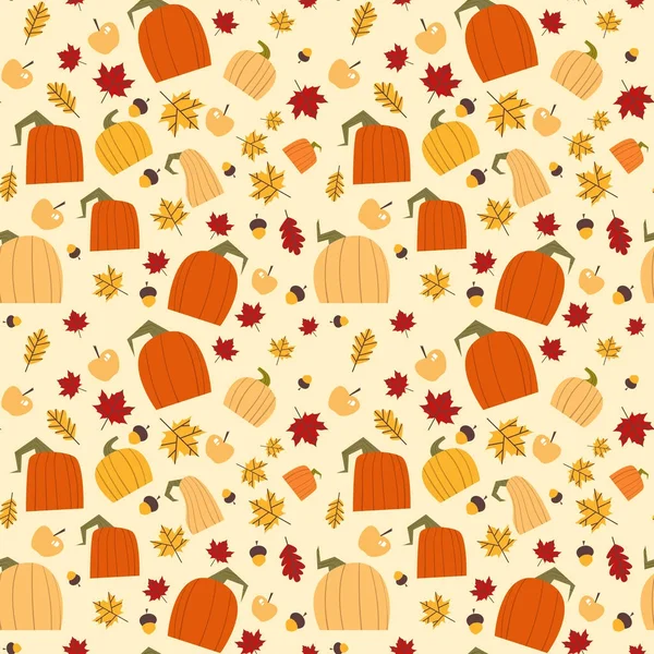 秋无缝图案背景黄色的橡树叶和南瓜装饰秋天的季节 — 图库矢量图片
