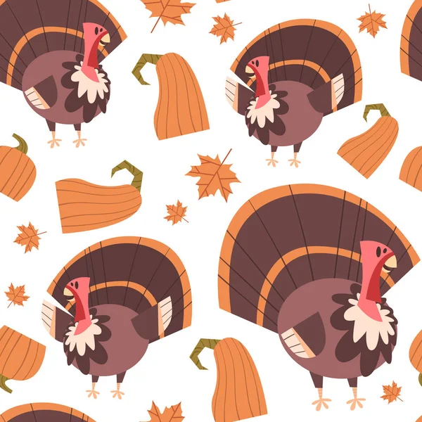 Outono sem costura padrão feliz Dia de Ação de Graças conceito tradicional ornamento de férias com a Turquia — Vetor de Stock