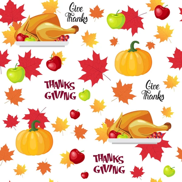 Happy Thanksgiving Day Seamless Pattern Automne Carte de voeux traditionnelle de vacances avec de la Turquie rôtie — Image vectorielle