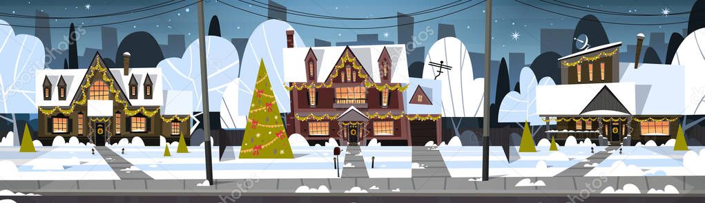 Winter Suburb Town View Snow On Houses With Decorated Pine Tree, Merry Christmas And Happy New Year Concept