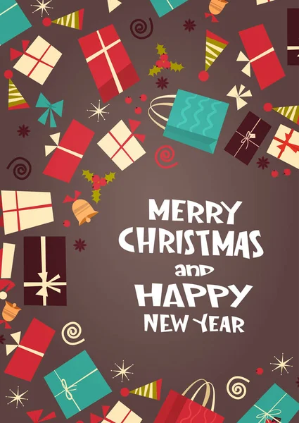 Feliz Navidad y Feliz Año Nuevo Tarjeta de felicitación con diferentes cajas de regalo Vacaciones de invierno Regalos Concepto — Vector de stock