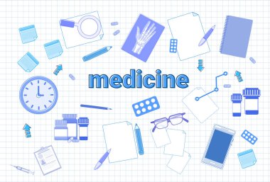 Tıp şeyler kare defter kağıt arka plan terapi ekipman işyeri kavramı üzerinde