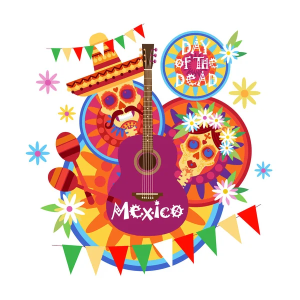 Caveira Dia De Conceito Morto Tradicional Mexicano Dia De Halloween De Los Muertos Festa De Feriado Decoração Banner Convite —  Vetores de Stock