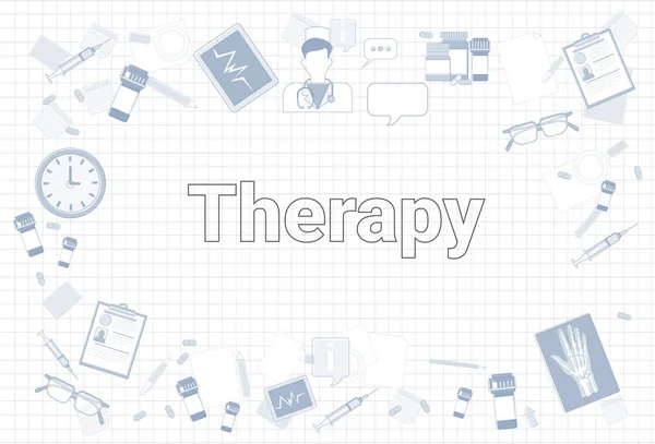 Therapy Stuff On Squared Notebook Paper Background Medicine Equipment Workplace Concept — Stock Vector