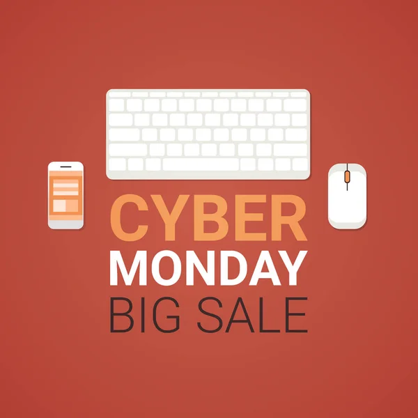 Cyber Monday Big Sale Poster with Computer Mouse, Keyboard and Cell Smart Phone, Technology Shopping Banner Concept — стоковый вектор