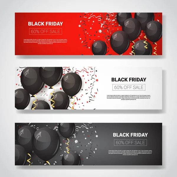 Offre spéciale Black Friday Vente d'affiches Collection, ballons à air brillant sur les bannières horizontales avec espace de copie Promotion de vacances et concept de réduction de prix — Image vectorielle