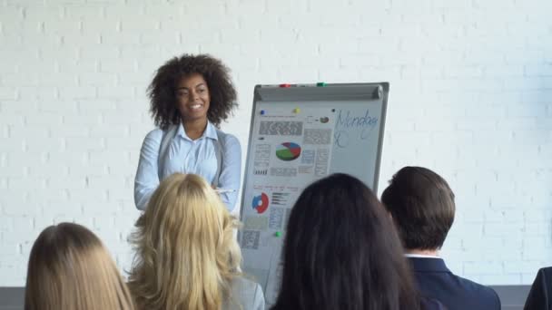 Team Of Business People Talking During Presentation Discuss Report Or New Strategy Meeting Of Diverse Busiensspeople Group — Stock Video