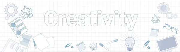 Mot de créativité avec des icônes de trucs de bureau sur fond carré Bannière horizontale Concept de développement de nouvelles idées — Image vectorielle