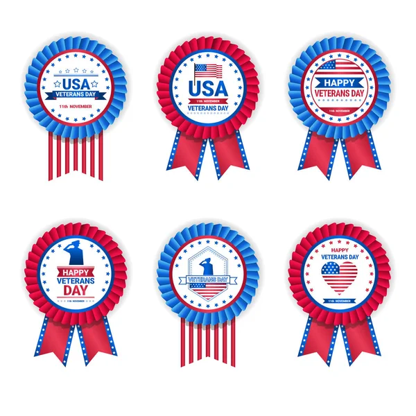 Set Of Veteran Day Medals Isolated On White Background, Holiday Badges Collection In Usa Flag Colors