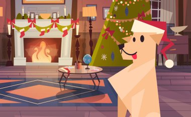 Köpek Noel ağacı ile dekore edilmiş oda Noel Baba şapkası giyiyor, mutlu yeni yıl tebrik kartı kış tatil kavramı afiş