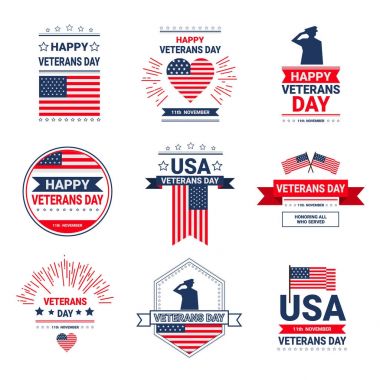 Gaziler günü kutlama Ulusal Amerikan tatil Icons Set, koleksiyon ABD bayrağı ile tebrik kartı