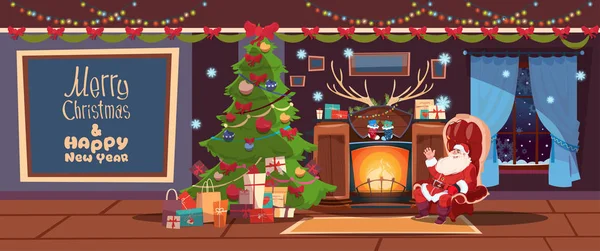 Feliz Natal e Feliz Ano Novo Cartão Santa Sentado Perto Lareira Inverno Férias Conceito Banner — Vetor de Stock