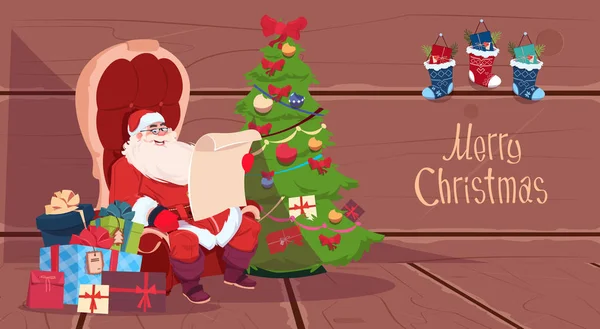 Joyeux Noël et bonne année Carte de vœux Père Noël lecture Liste cadeau Bannière concept vacances d'hiver — Image vectorielle