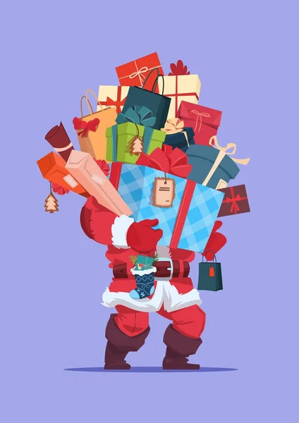 Feliz Natal e Feliz Ano Novo Cartão Santa Segurando Presente Pilha Férias de Inverno Conceito Banner —  Vetores de Stock