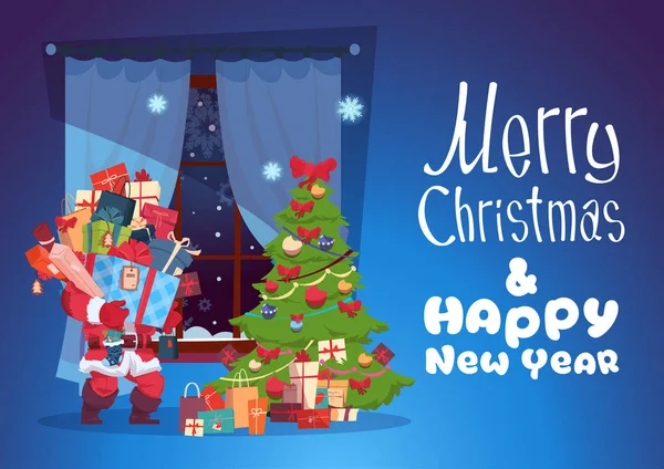 Feliz Natal e Feliz Ano Novo Cartão Santa Segurando Caixas de Presente Concept Winter Holiday Concept Banner —  Vetores de Stock