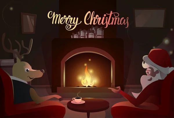 Santa e veado sentado perto da lareira, Feliz Natal e feliz ano novo inverno férias conceito banner — Vetor de Stock