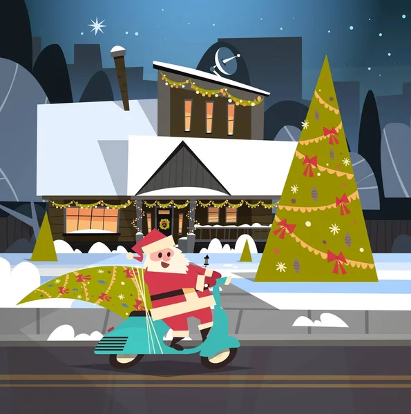 Santa Driving Scooter com pinheiro, Feliz Natal e Feliz Ano Novo cartão de saudação feriados de inverno Conceito Banner — Vetor de Stock