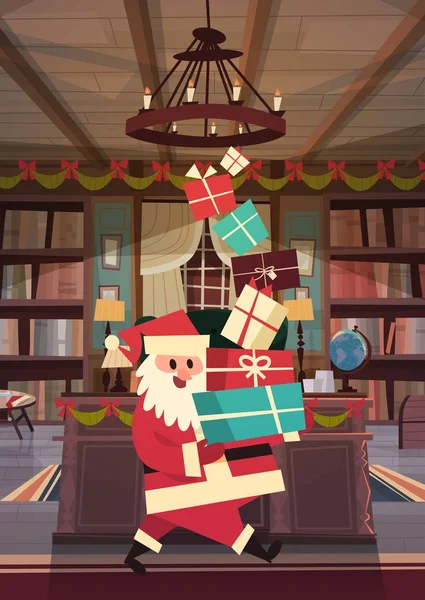 Veselé Vánoce a šťastný nový rok blahopřání Santa hospodářství přítomen zásobníku zimní svátky koncept Banner — Stockový vektor