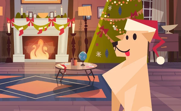 Köpek Noel ağacı ile dekore edilmiş oda Noel Baba şapkası giyiyor, mutlu yeni yıl tebrik kartı kış tatil kavramı afiş