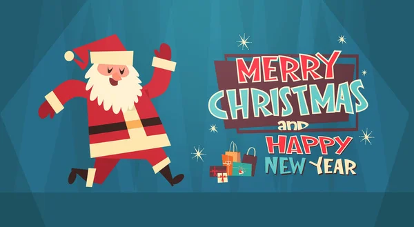 Feliz Navidad y Feliz Año Nuevo Tarjeta de felicitación Santa con la caja de regalo Vacaciones de invierno Concepto Banner — Vector de stock