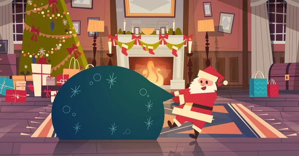 Mutlu Noeller ve mutlu yeni yıl tebrik kartı Santa Holding büyük mevcut yatakta dekore edilmiş salon kış tatil kavramı afiş