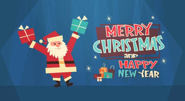 Feliz Navidad y Feliz Año Nuevo Tarjeta de felicitación Santa con la caja de regalo Vacaciones de invierno Concepto Banner — Vector de stock