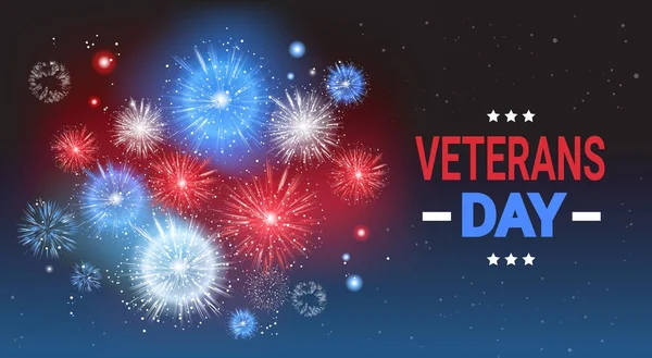 Celebración del Día de los Veteranos Banner de fiesta nacional americano sobre bandera de Estados Unidos Fondo de fuegos artificiales de colores — Archivo Imágenes Vectoriales