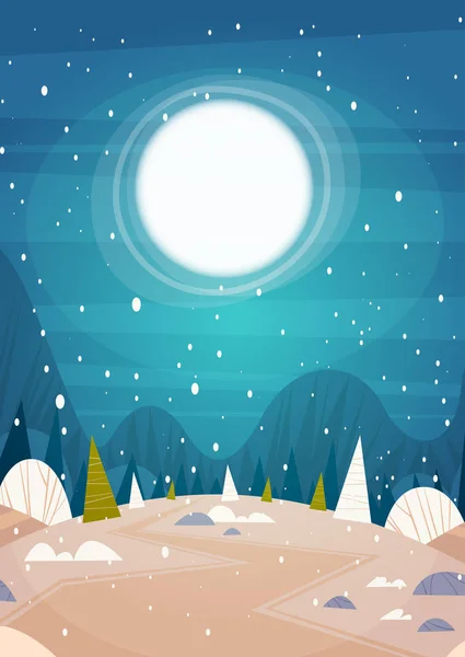 Winter Wald Landschaft Mond scheint über schneebedeckten Bäumen, frohe Weihnachten und ein glückliches neues Jahr Banner Urlaub Konzept — Stockvektor