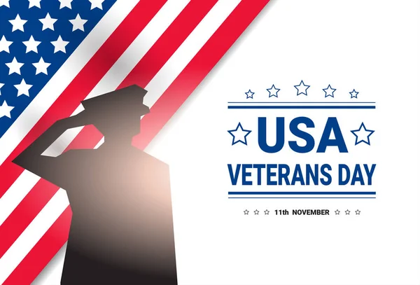 Bandeira nacional americana do feriado da celebração do dia dos veteranos com silhueta do soldado sobre o fundo da bandeira dos EUA — Vetor de Stock