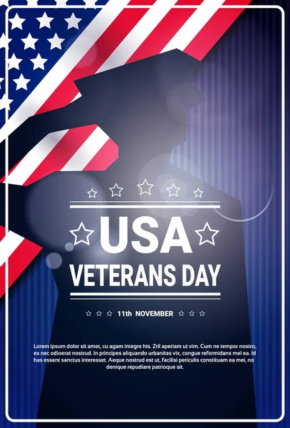 Veterans Day viering nationale Amerikaanse Vakantiewoningen Banner met soldaat silhouet op Usa vlag achtergrond — Stockvector