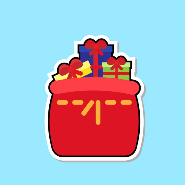 Bolso rojo de Santa con cajas de regalo Icono aislado lindo concepto de etiqueta engomada de Navidad — Vector de stock