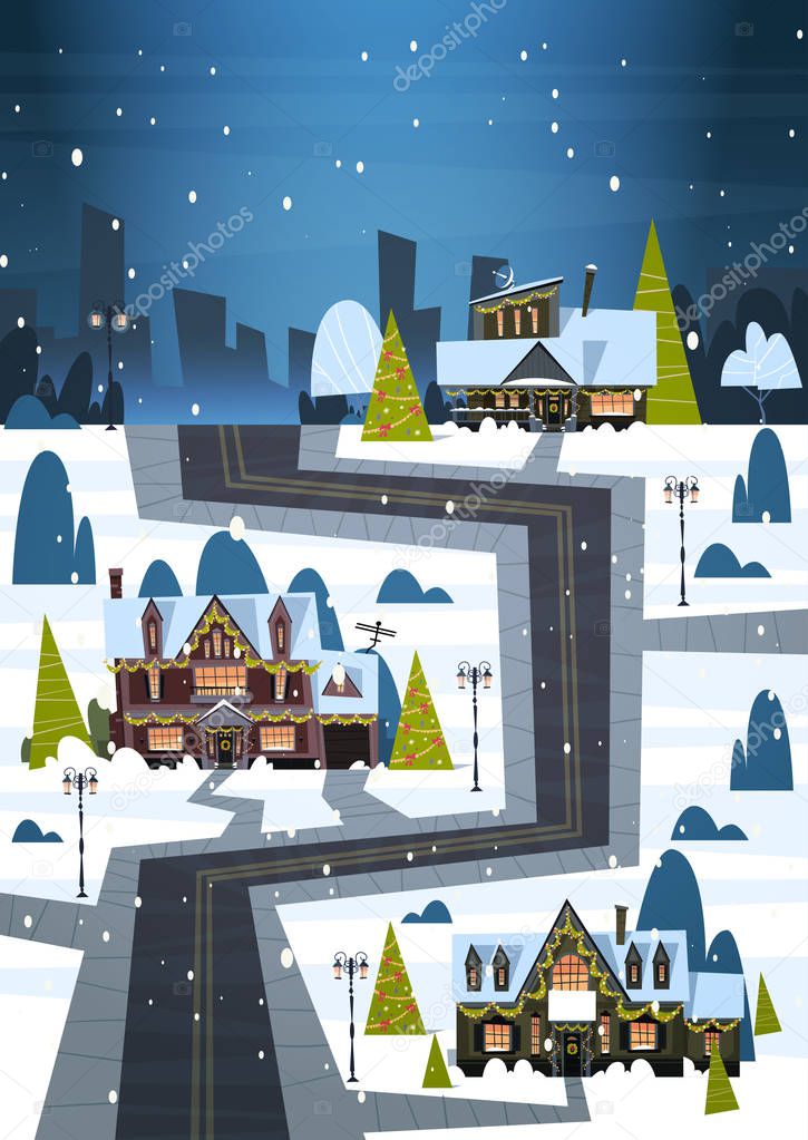 Winter Street With Houses Covered Snow Merry Christmas And Happy New Year Holidays Concept