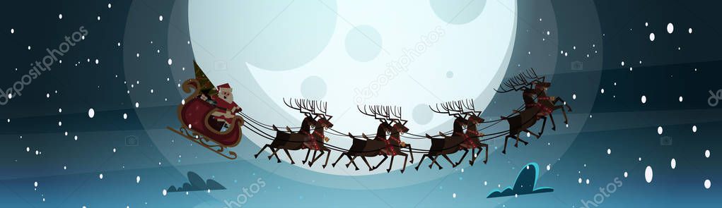 Santa Flying In Sledge With Reindeers In Night Sky Over Moon, Merry Christmas And Happy New Year Banner Winter Holidays Concept