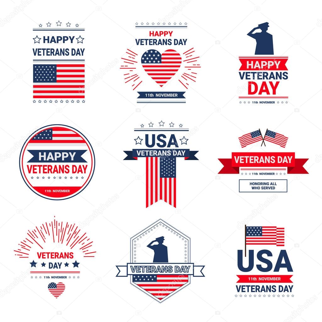 Veterans Day Celebration National American Holiday Icons Set, Collection Of Greeting Card With Usa Flag Vector Illustration