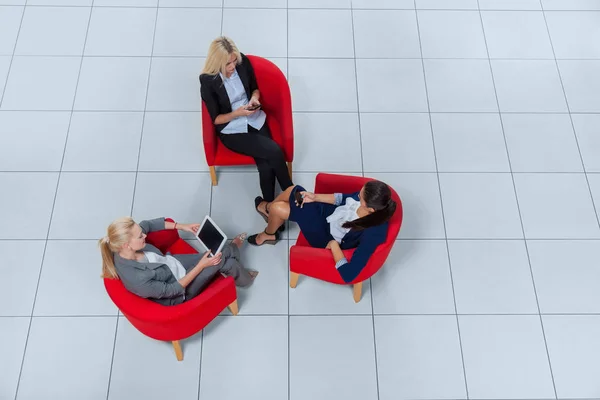 Business Woman Group Sitting In Armchairs Using Gadgets Chatting Online Top Angle View