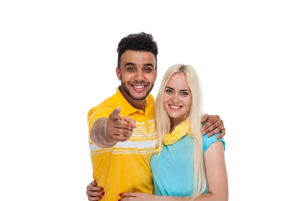 Happy Couple Love Excited Smiling Point Finger At You Gesture, Beautiful Young Man And Woman Smile — Stock Photo, Image