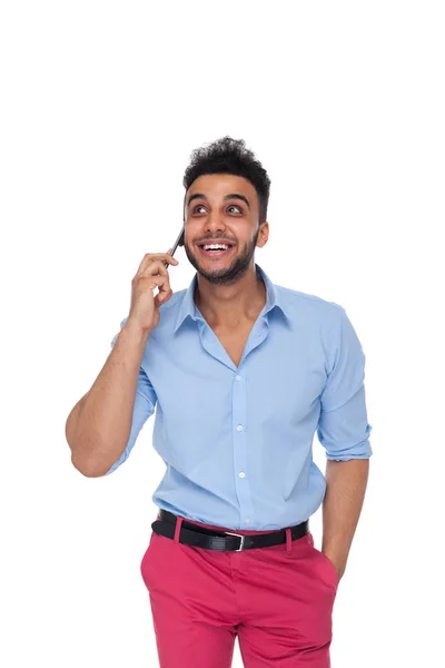 Bello uomo d'affari cellulare Smart Phone Call Look Up per copiare spazio felice sorriso, uomo d'affari indossare camicia blu — Foto Stock