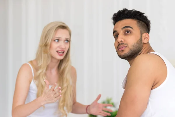 Young Couple Lying In Bed, Having Conflict Relationships Problem, Sad Negative Emotions Unhappy Hispanic Man And Woman — Stock Photo, Image