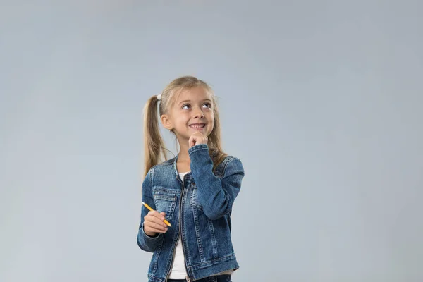 Little Teenage Girl In Jeans Coat, Small Kid Looking Up To Copy Space Think Hold Chin — Stock Photo, Image
